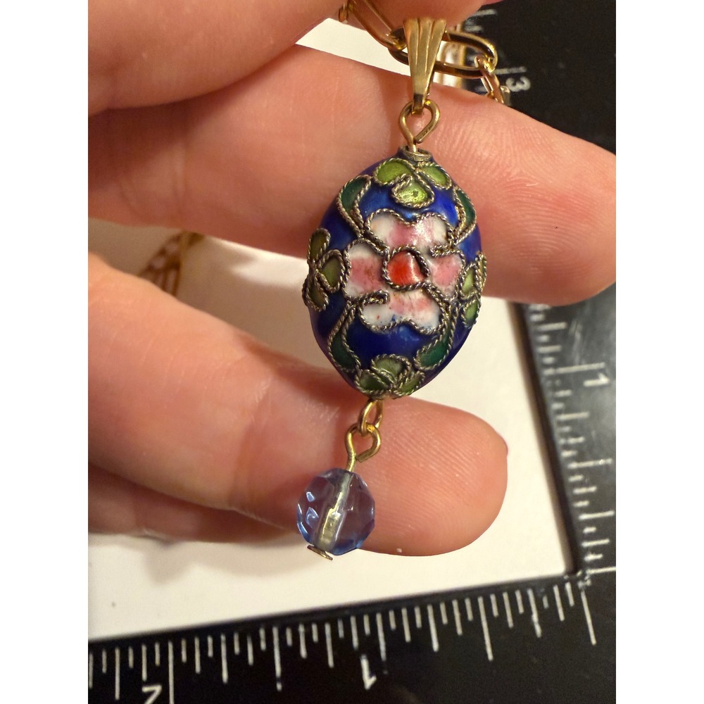 Vintage Cloisonne Enamel Egg Pendant Necklace Blue Floral‎ Paperclip Chain 20in